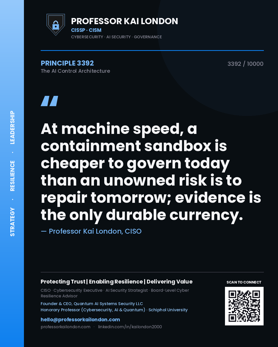Quote card by Professor Kai London reading 'At machine speed, a containment sandbox is cheaper to govern today than an unowned risk is to repair tomorrow; evidence is the only durable currency.'. From the book The AI Control Architecture.