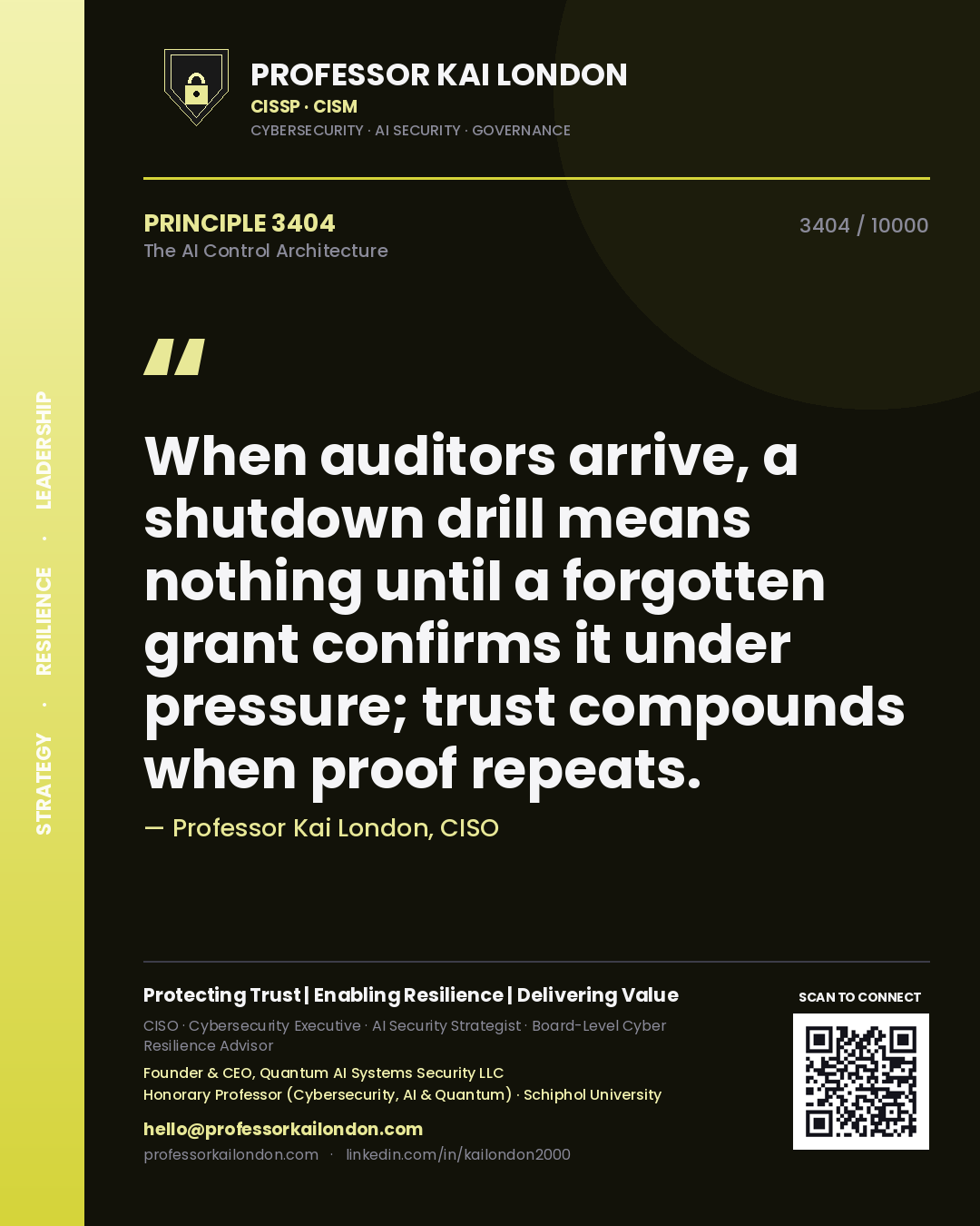 Professor Kai London principle 3404: When auditors arrive, a shutdown drill means nothing until a forgotten grant confirms it under pressure; trust compounds when proof repeats.