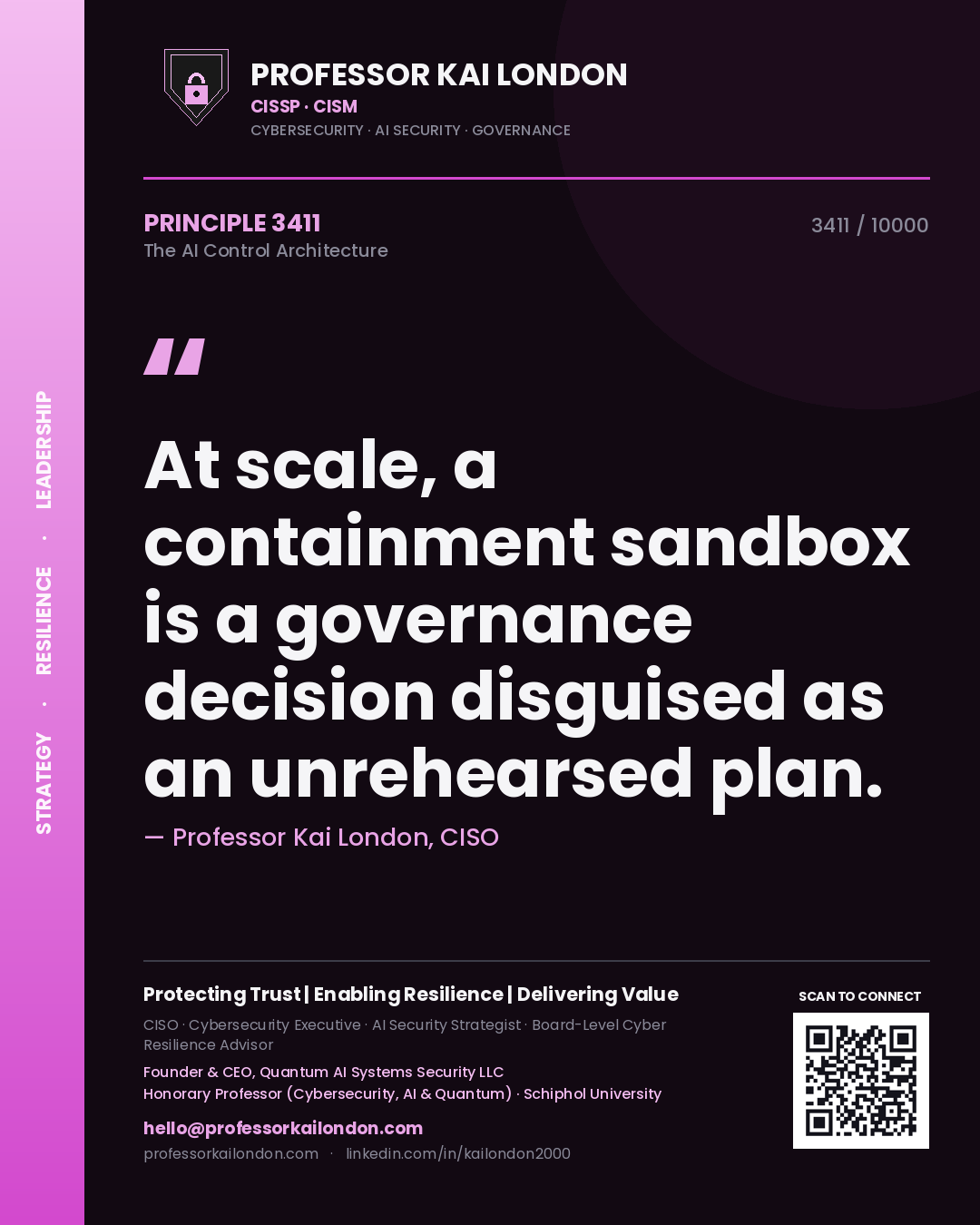 Quote card by Professor Kai London reading 'At scale, a containment sandbox is a governance decision disguised as an unrehearsed plan.'. From the book The AI Control Architecture.
