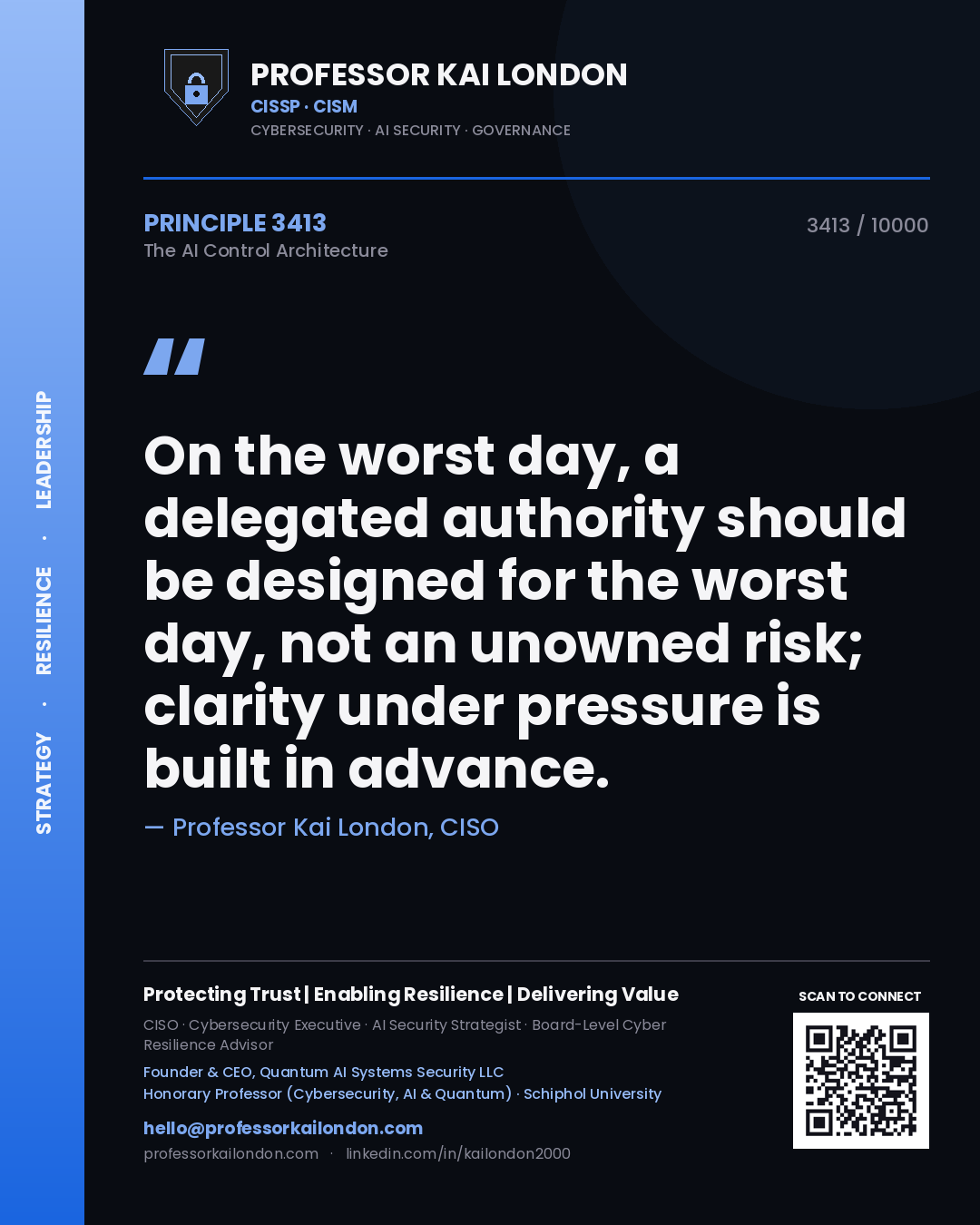 Quote card by Professor Kai London reading 'On the worst day, a delegated authority should be designed for the worst day, not an unowned risk; clarity under pressure is built in advance.'. From the book The AI Control Architecture.