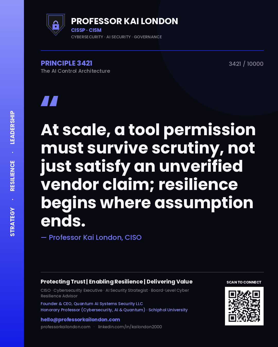 Quote card by Professor Kai London reading 'At scale, a tool permission must survive scrutiny, not just satisfy an unverified vendor claim; resilience begins where assumption ends.'. From the book The AI Control Architecture.