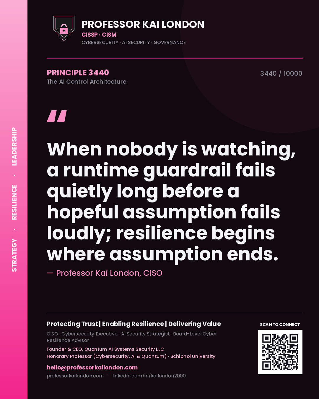Quote card by Professor Kai London reading 'When nobody is watching, a runtime guardrail fails quietly long before a hopeful assumption fails loudly; resilience begins where assumption ends.'. From the book The AI Control Architecture.
