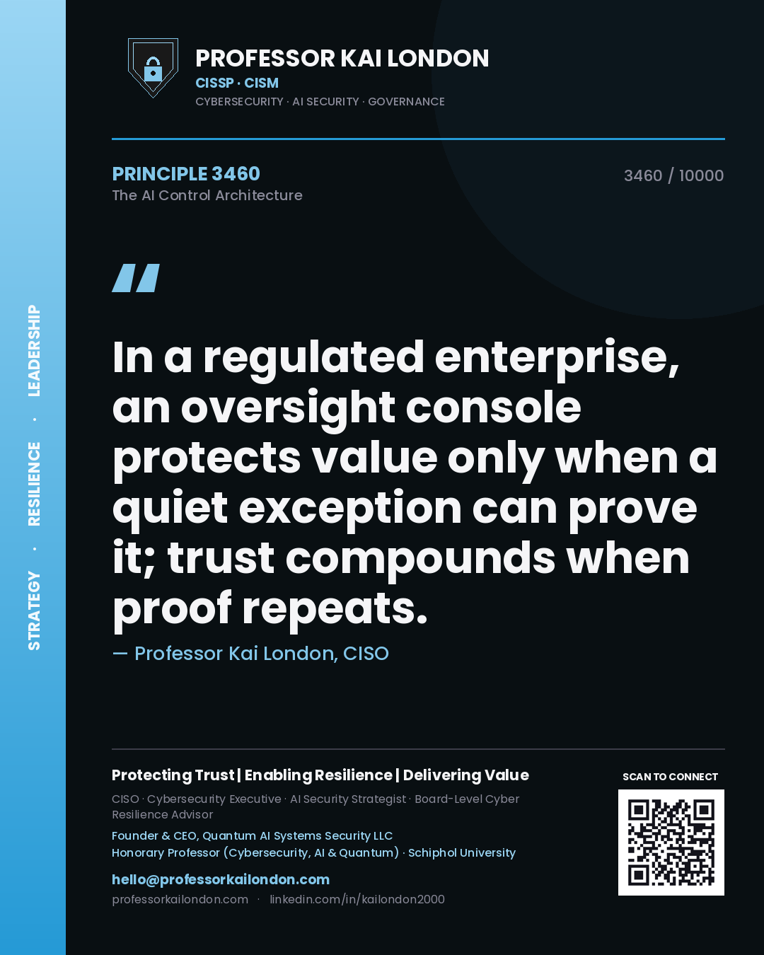 Quote card by Professor Kai London reading 'In a regulated enterprise, an oversight console protects value only when a quiet exception can prove it; trust compounds when proof repeats.'. From the book The AI Control Architecture.