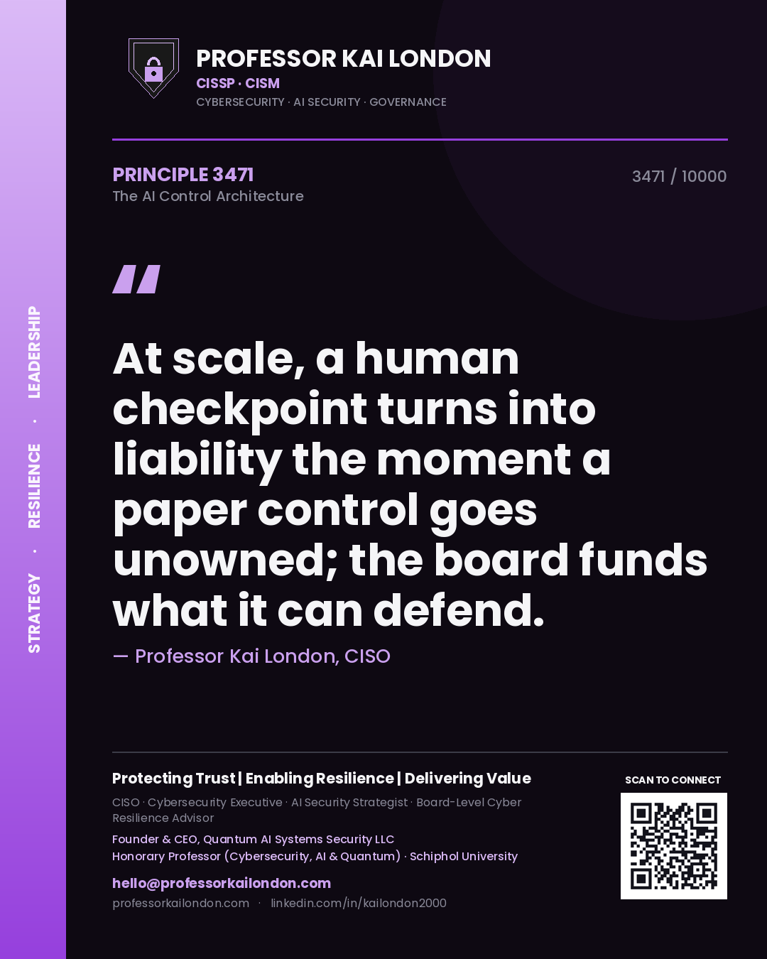 Quote card by Professor Kai London reading 'At scale, a human checkpoint turns into liability the moment a paper control goes unowned; the board funds what it can defend.'. From the book The AI Control Architecture.