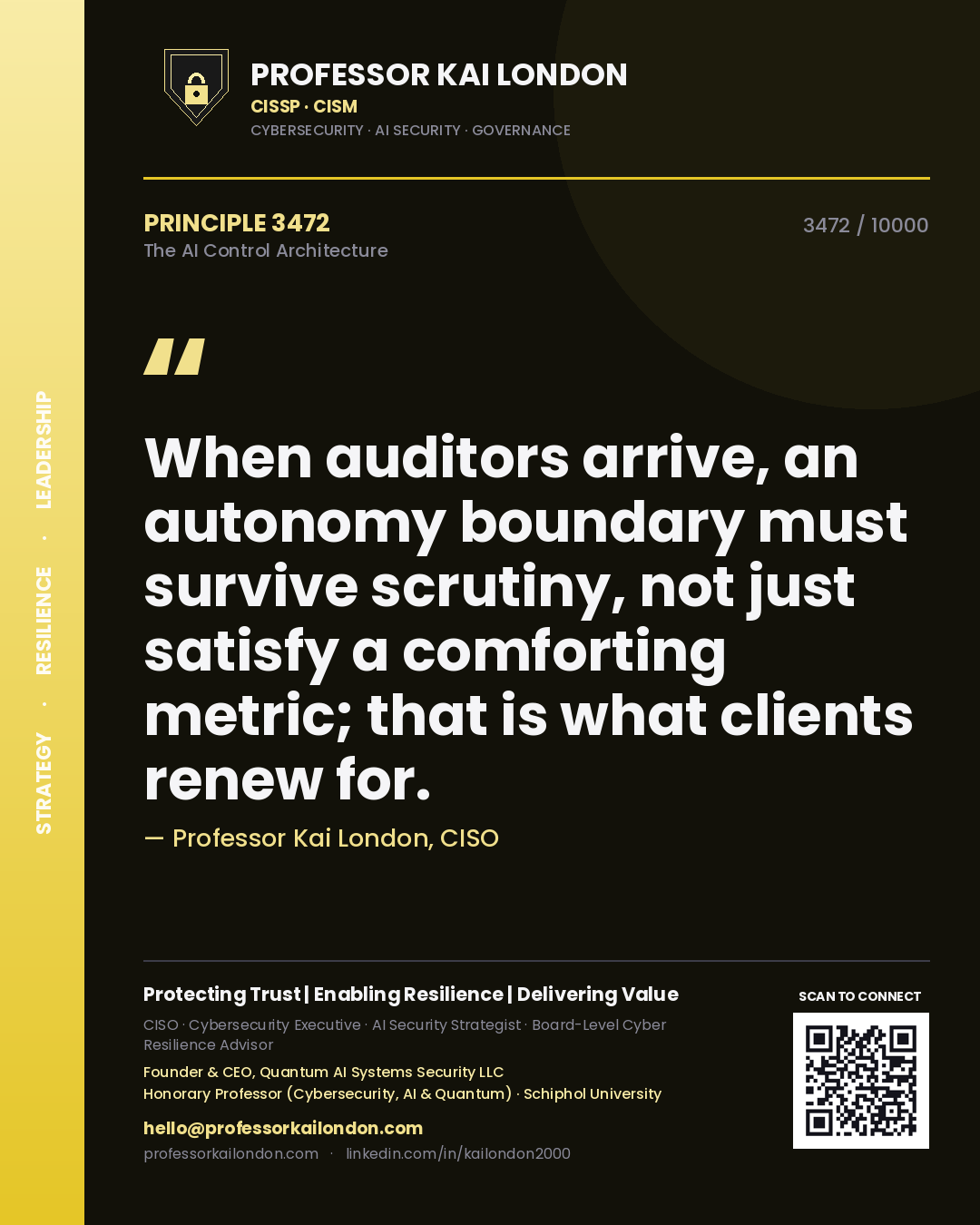 Professor Kai London principle 3472: When auditors arrive, an autonomy boundary must survive scrutiny, not just satisfy a comforting metric; that is what clients renew for.