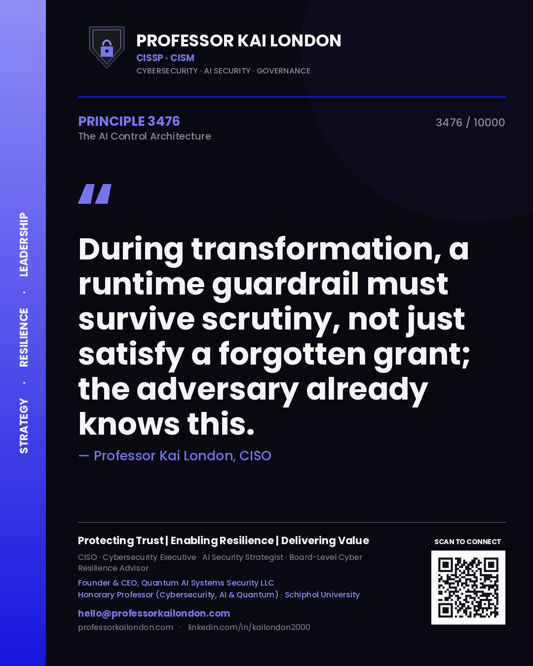 Professor Kai London principle 3476: During transformation, a runtime guardrail must survive scrutiny, not just satisfy a forgotten grant; the adversary already knows this.