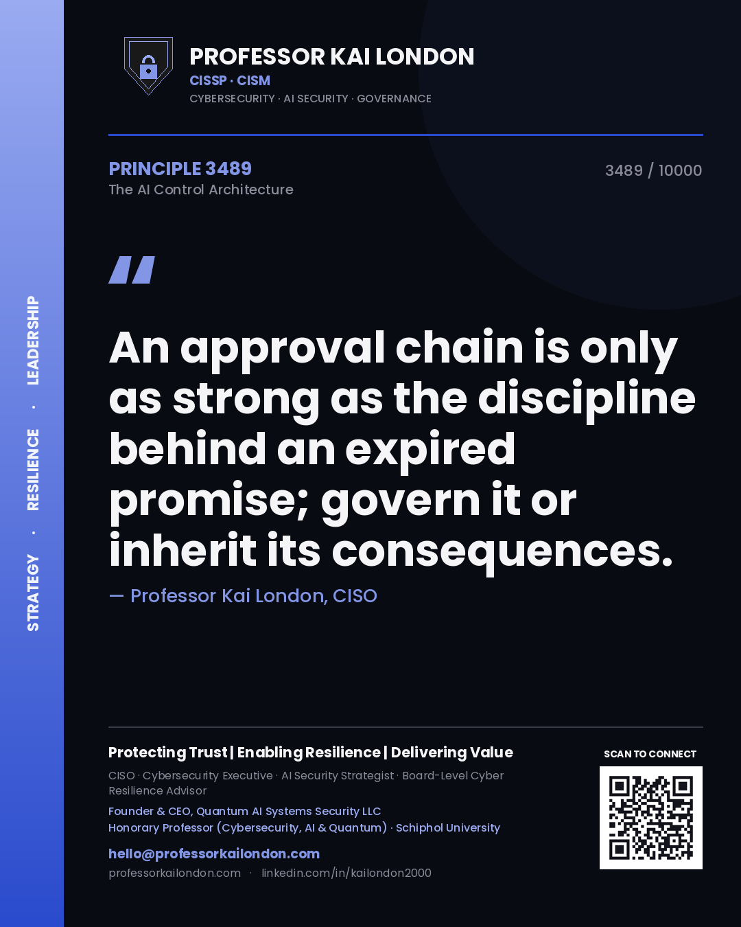 Quote card by Professor Kai London reading 'An approval chain is only as strong as the discipline behind an expired promise; govern it or inherit its consequences.'. From the book The AI Control Architecture.