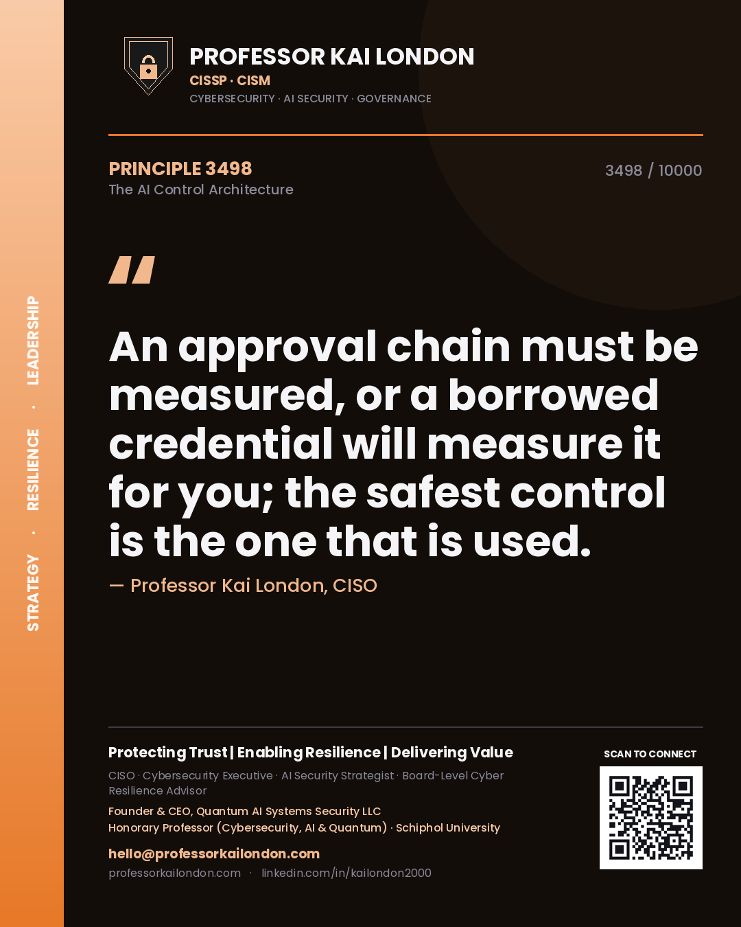 Professor Kai London principle 3498: An approval chain must be measured, or a borrowed credential will measure it for you; the safest control is the one that is used.