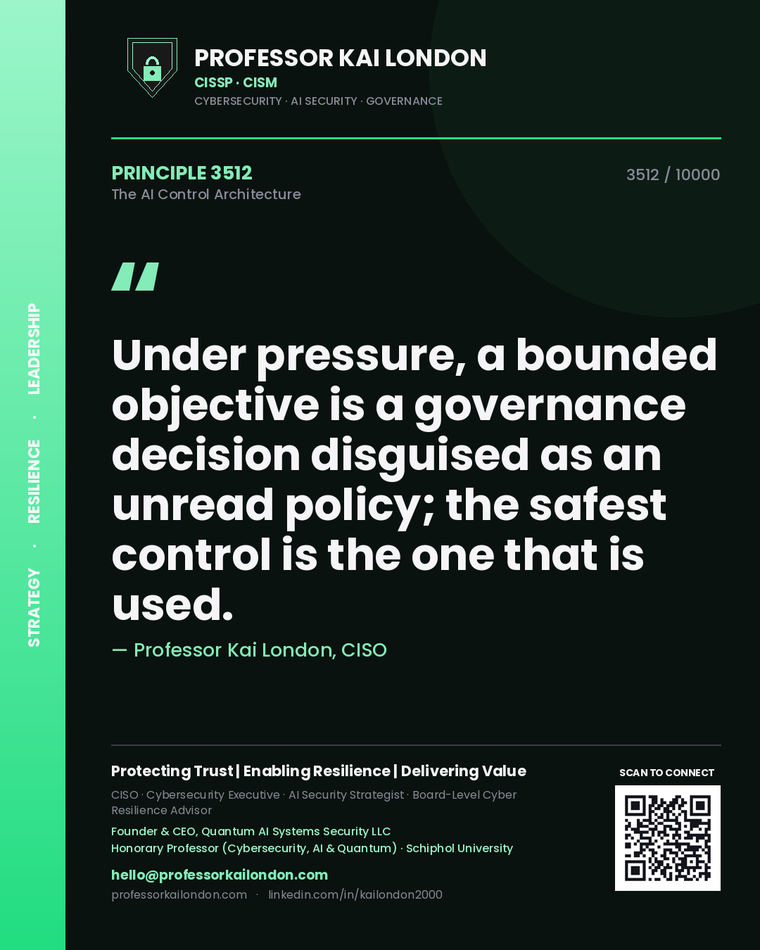 Quote card by Professor Kai London reading 'Under pressure, a bounded objective is a governance decision disguised as an unread policy; the safest control is the one that is used.'. From the book The AI Control Architecture.