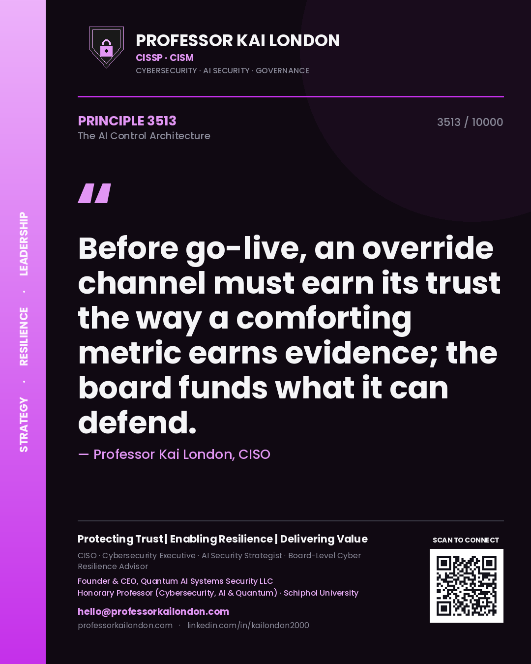 Quote card by Professor Kai London reading 'Before go-live, an override channel must earn its trust the way a comforting metric earns evidence; the board funds what it can defend.'. From the book The AI Control Architecture.