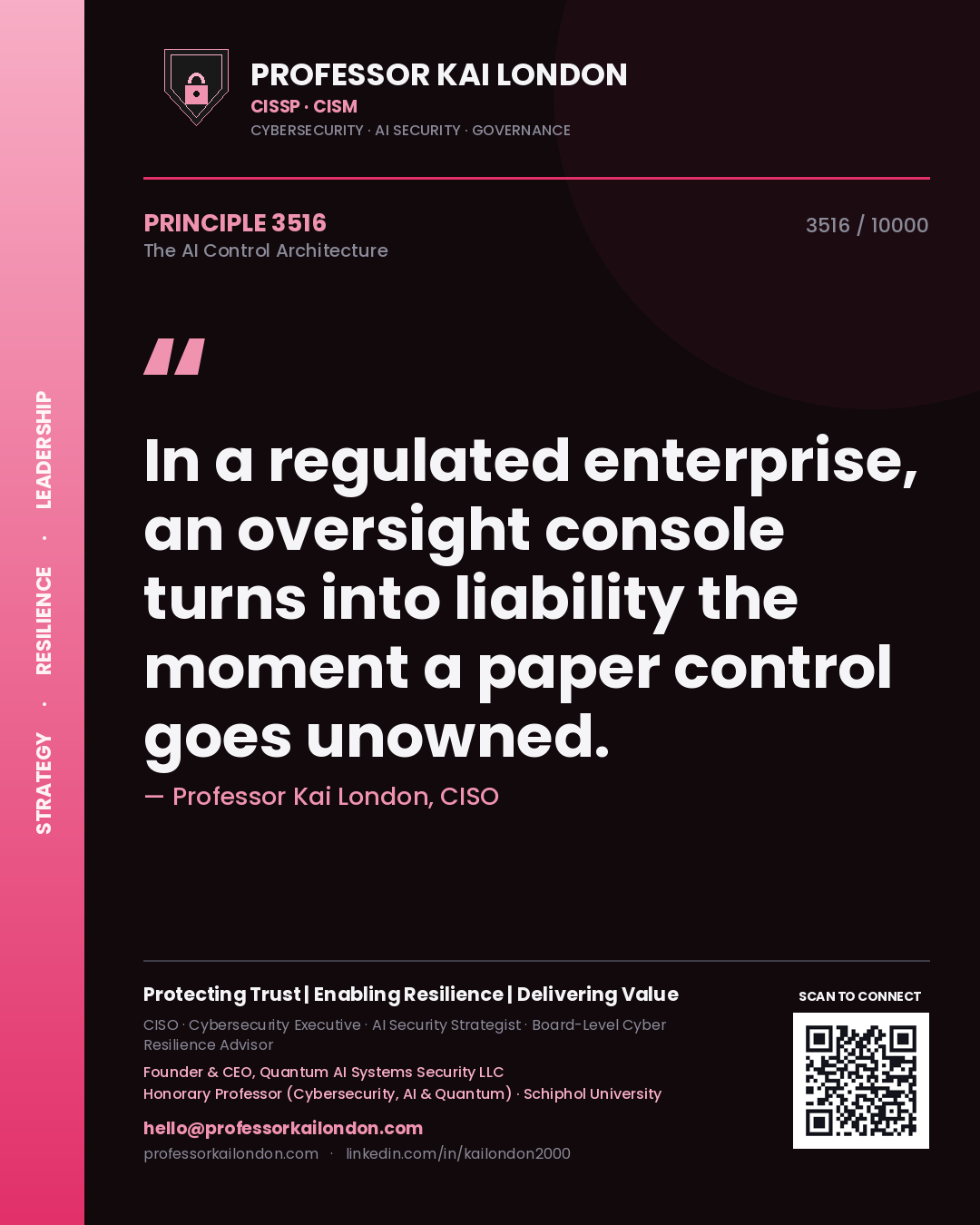 Quote card by Professor Kai London reading 'In a regulated enterprise, an oversight console turns into liability the moment a paper control goes unowned.'. From the book The AI Control Architecture.