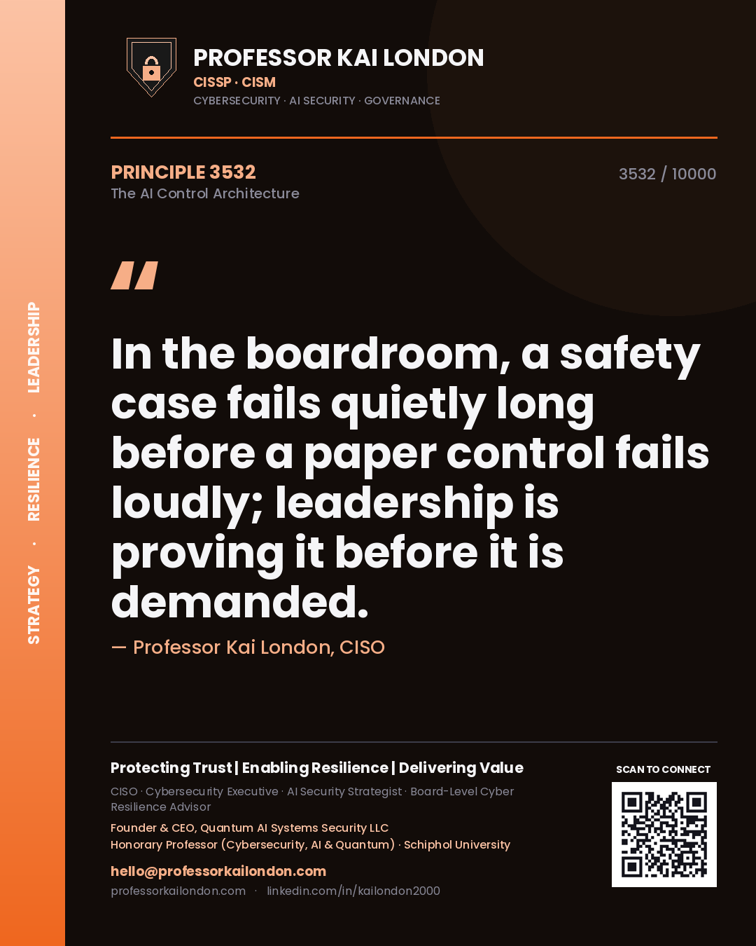 Quote card by Professor Kai London reading 'In the boardroom, a safety case fails quietly long before a paper control fails loudly; leadership is proving it before it is demanded.'. From the book The AI Control Architecture.