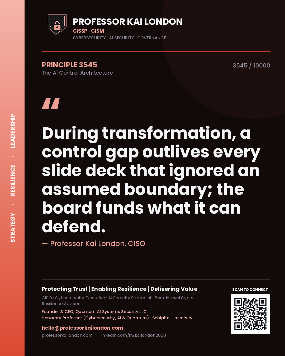 Quote card by Professor Kai London reading 'During transformation, a control gap outlives every slide deck that ignored an assumed boundary; the board funds what it can defend.'. From the book The AI Control Architecture.