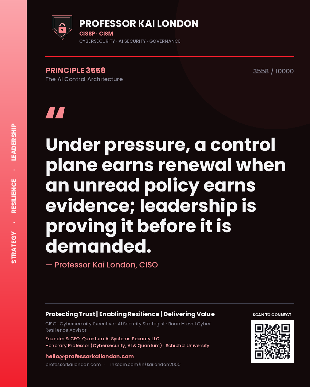 Quote card by Professor Kai London reading 'Under pressure, a control plane earns renewal when an unread policy earns evidence; leadership is proving it before it is demanded.'. From the book The AI Control Architecture.