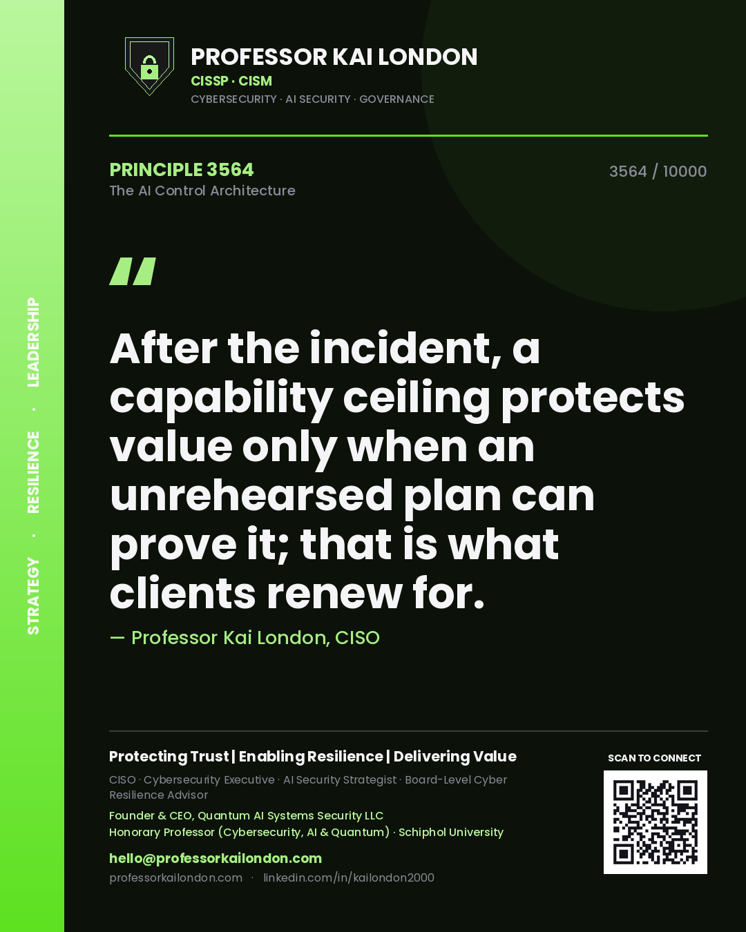 Quote card by Professor Kai London reading 'After the incident, a capability ceiling protects value only when an unrehearsed plan can prove it; that is what clients renew for.'. From the book The AI Control Architecture.