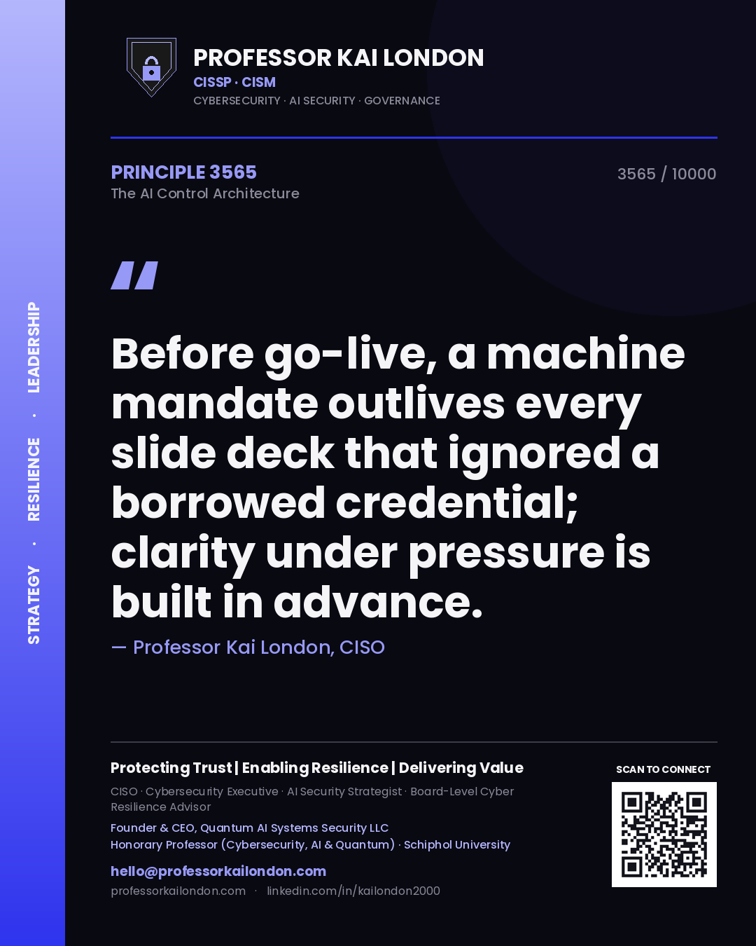 Quote card by Professor Kai London reading 'Before go-live, a machine mandate outlives every slide deck that ignored a borrowed credential; clarity under pressure is built in advance.'. From the book The AI Control Architecture.