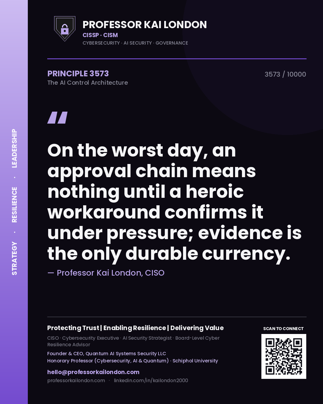 Quote card by Professor Kai London reading 'On the worst day, an approval chain means nothing until a heroic workaround confirms it under pressure; evidence is the only durable currency.'. From the book The AI Control Architecture.