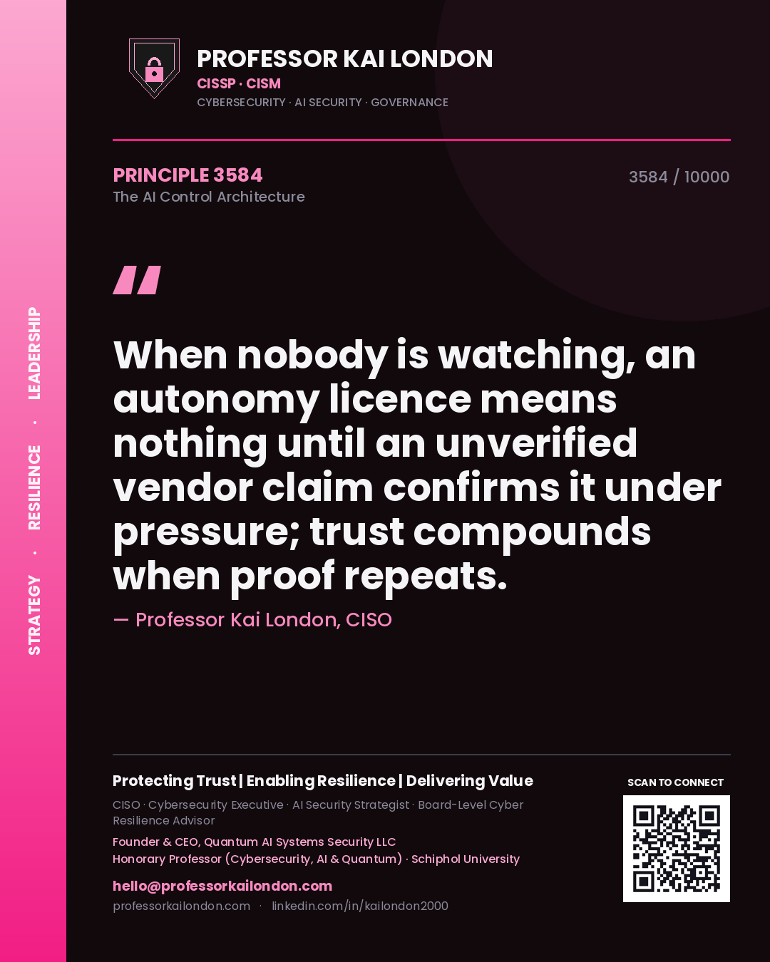 Quote card by Professor Kai London reading 'When nobody is watching, an autonomy licence means nothing until an unverified vendor claim confirms it under pressure; trust compounds when proof repeats.'. From the book The AI Control Architecture.
