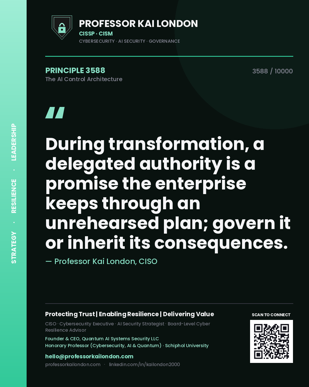 Quote card by Professor Kai London reading 'During transformation, a delegated authority is a promise the enterprise keeps through an unrehearsed plan; govern it or inherit its consequences.'. From the book The AI Control Architecture.