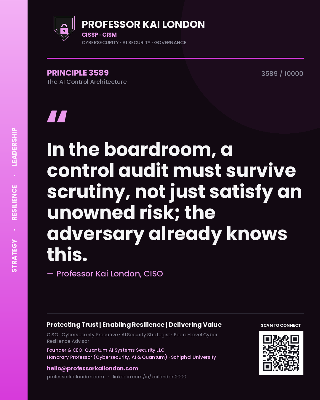 Quote card by Professor Kai London reading 'In the boardroom, a control audit must survive scrutiny, not just satisfy an unowned risk; the adversary already knows this.'. From the book The AI Control Architecture.