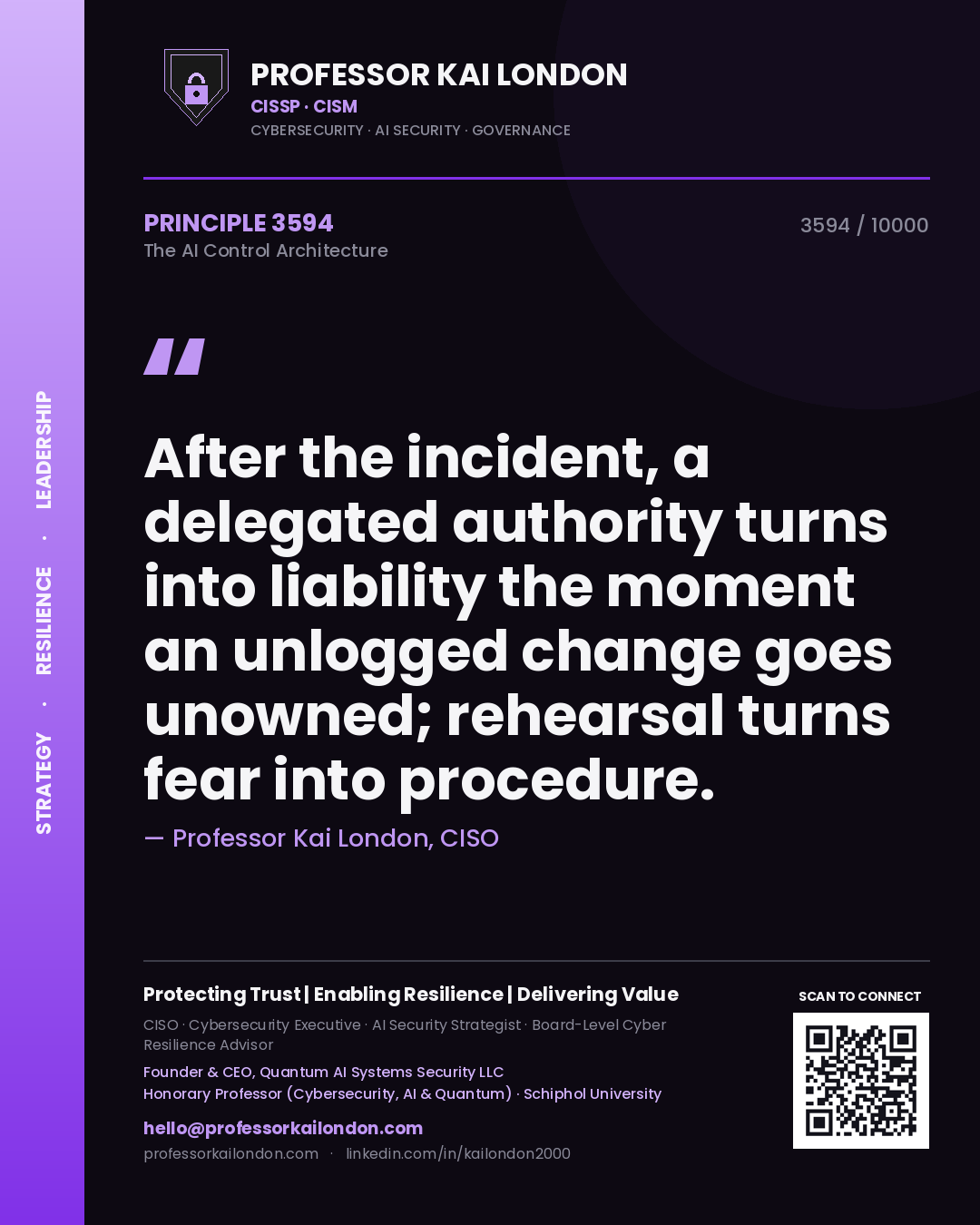 Quote card by Professor Kai London reading 'After the incident, a delegated authority turns into liability the moment an unlogged change goes unowned; rehearsal turns fear into procedure.'. From the book The AI Control Architecture.