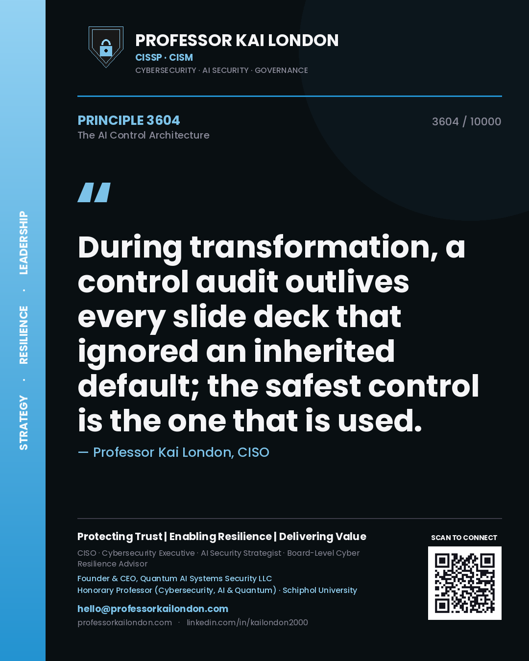 Quote card by Professor Kai London reading 'During transformation, a control audit outlives every slide deck that ignored an inherited default; the safest control is the one that is used.'. From the book The AI Control Architecture.