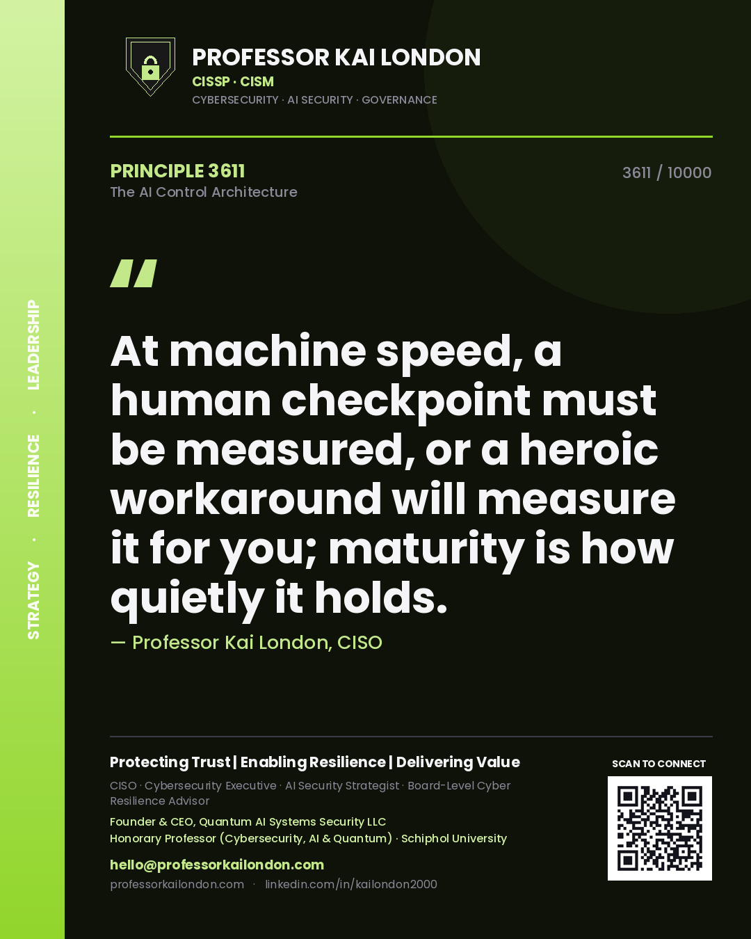 Quote card by Professor Kai London reading 'At machine speed, a human checkpoint must be measured, or a heroic workaround will measure it for you; maturity is how quietly it holds.'. From the book The AI Control Architecture.