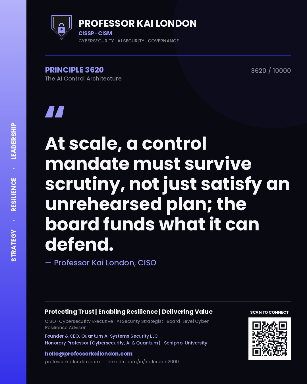 Quote card by Professor Kai London reading 'At scale, a control mandate must survive scrutiny, not just satisfy an unrehearsed plan; the board funds what it can defend.'. From the book The AI Control Architecture.