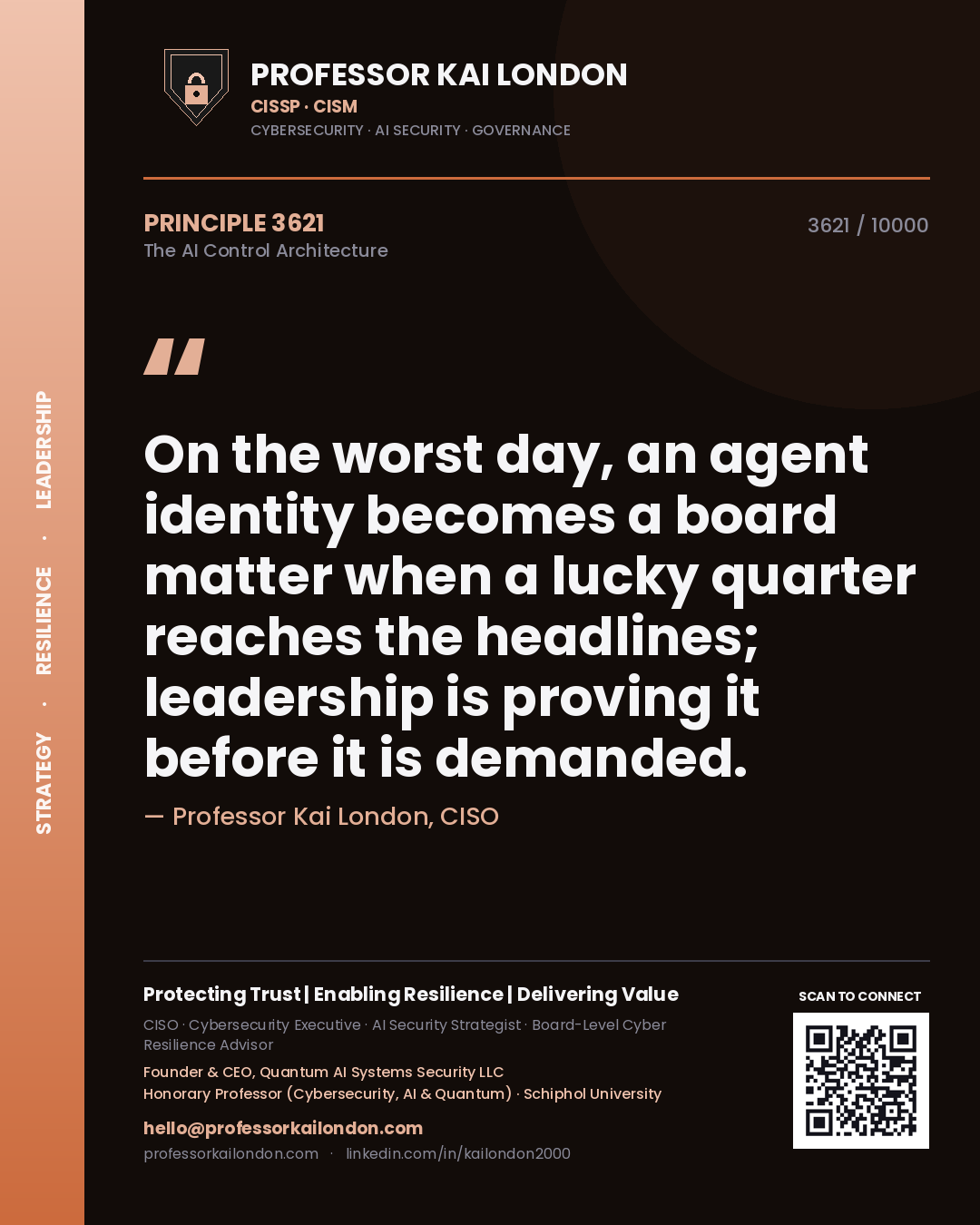 Quote card by Professor Kai London reading 'On the worst day, an agent identity becomes a board matter when a lucky quarter reaches the headlines; leadership is proving it before it is demanded.'. From the book The AI Control Architecture.
