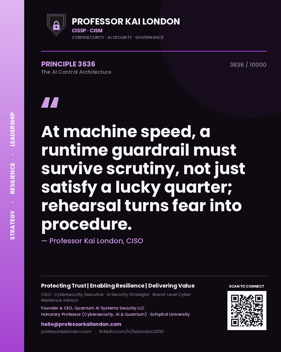 Quote card by Professor Kai London reading 'At machine speed, a runtime guardrail must survive scrutiny, not just satisfy a lucky quarter; rehearsal turns fear into procedure.'. From the book The AI Control Architecture.