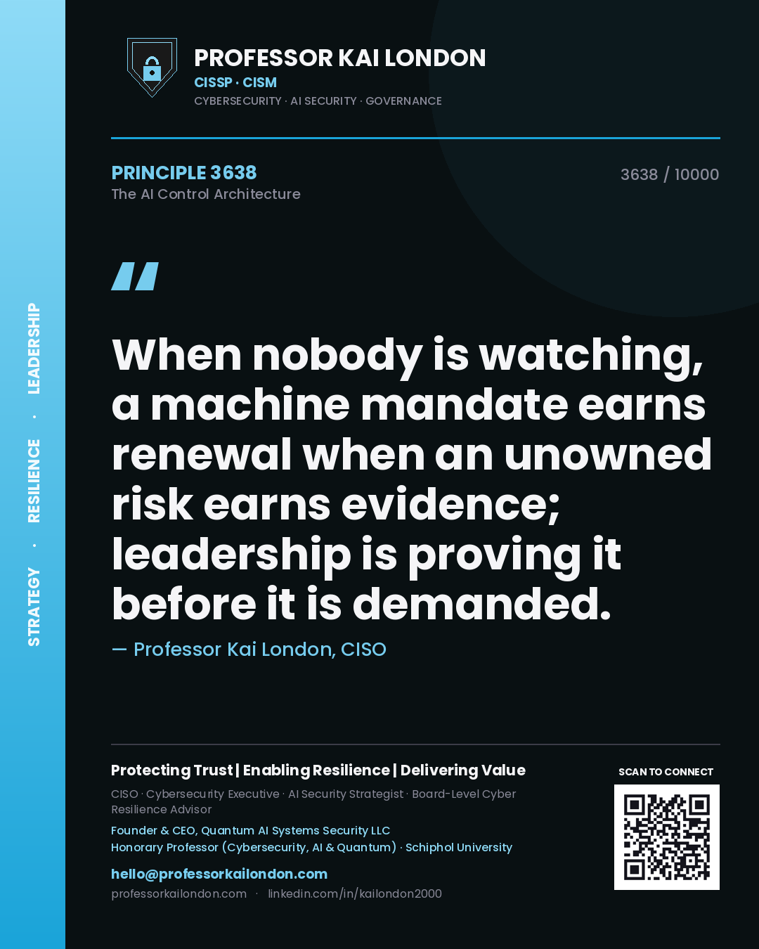 Quote card by Professor Kai London reading 'When nobody is watching, a machine mandate earns renewal when an unowned risk earns evidence; leadership is proving it before it is demanded.'. From the book The AI Control Architecture.