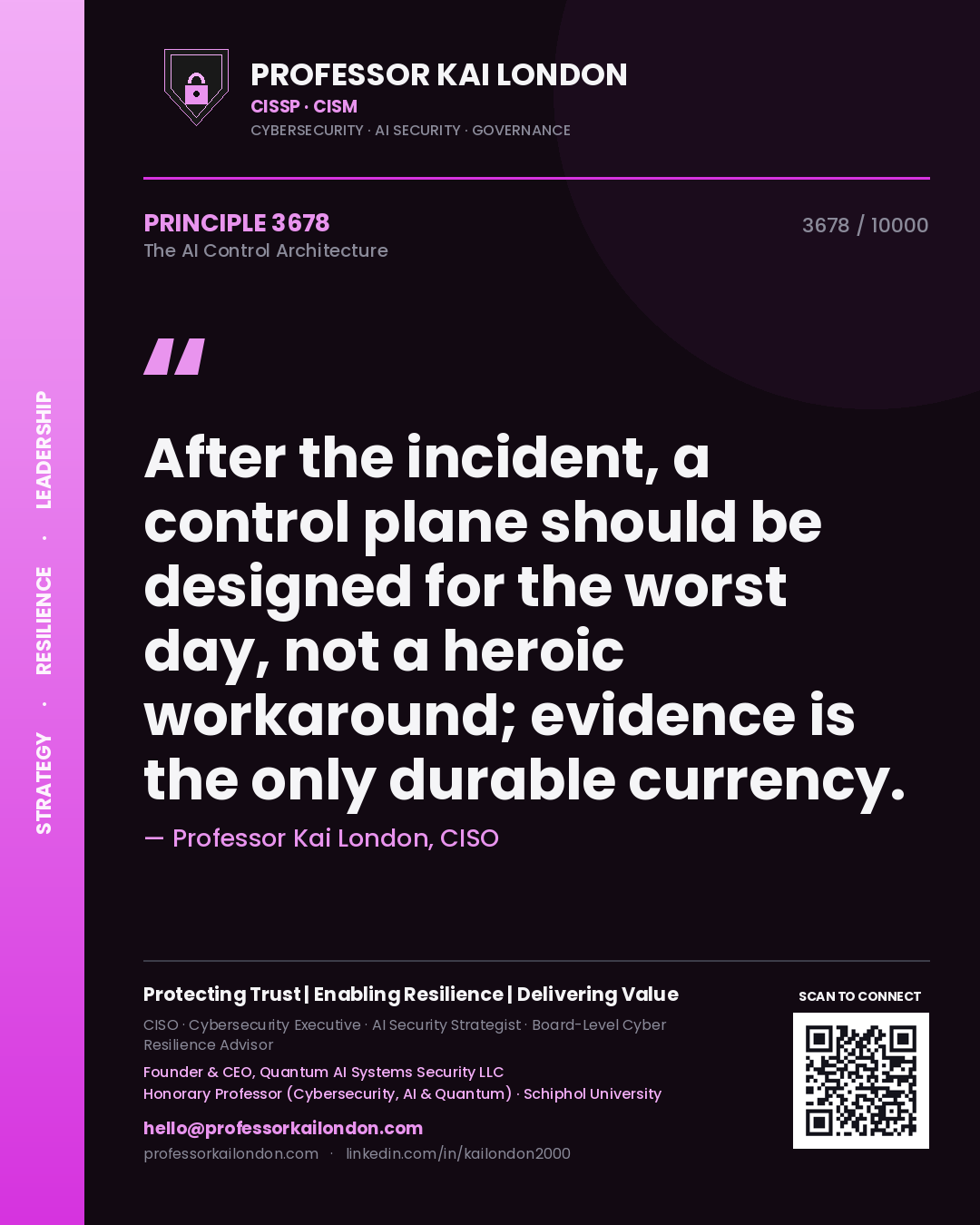 Quote card by Professor Kai London reading 'After the incident, a control plane should be designed for the worst day, not a heroic workaround; evidence is the only durable currency.'. From the book The AI Control Architecture.