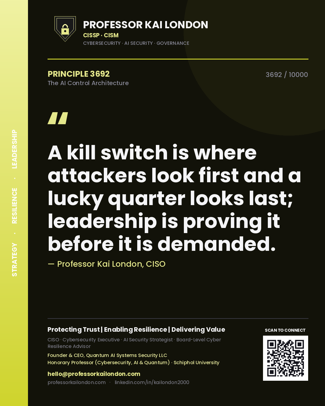 Quote card by Professor Kai London reading 'A kill switch is where attackers look first and a lucky quarter looks last; leadership is proving it before it is demanded.'. From the book The AI Control Architecture.
