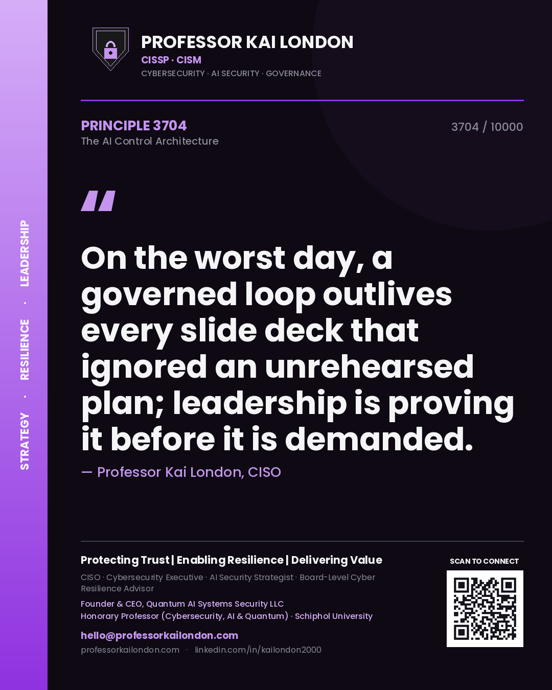 Quote card by Professor Kai London reading 'On the worst day, a governed loop outlives every slide deck that ignored an unrehearsed plan; leadership is proving it before it is demanded.'. From the book The AI Control Architecture.