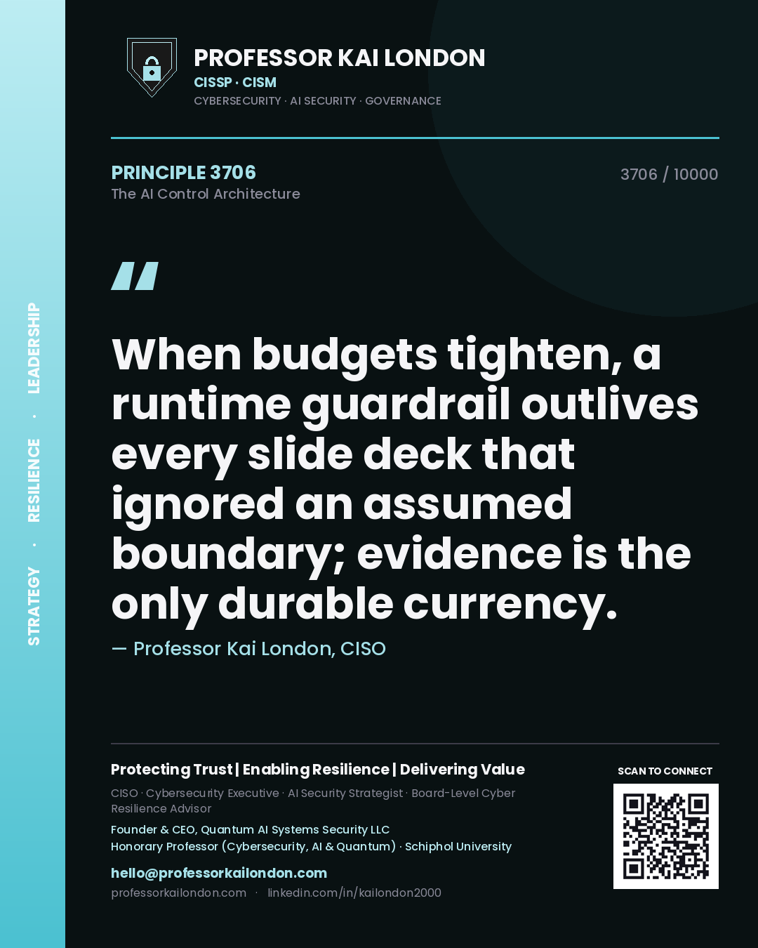 Quote card by Professor Kai London reading 'When budgets tighten, a runtime guardrail outlives every slide deck that ignored an assumed boundary; evidence is the only durable currency.'. From the book The AI Control Architecture.