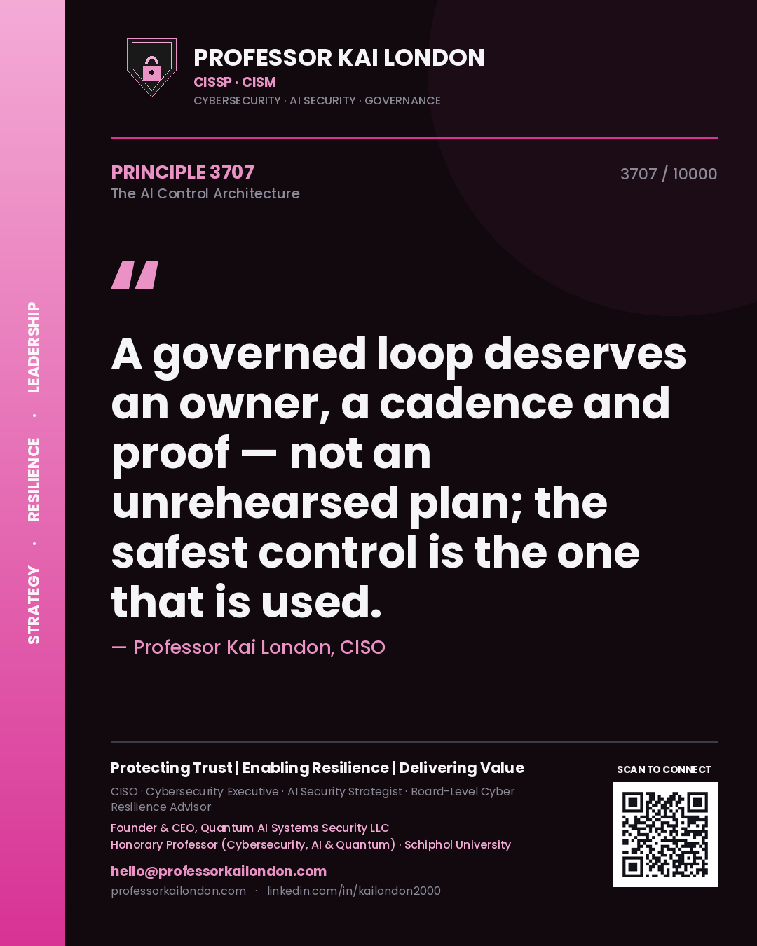 Quote card by Professor Kai London reading 'A governed loop deserves an owner, a cadence and proof — not an unrehearsed plan; the safest control is the one that is used.'. From the book The AI Control Architecture.
