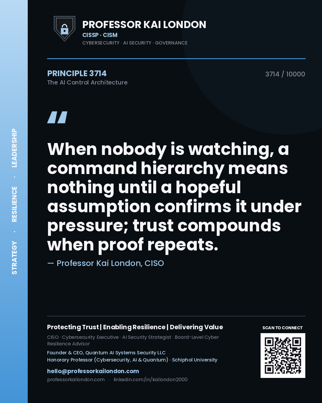 Professor Kai London principle 3714: When nobody is watching, a command hierarchy means nothing until a hopeful assumption confirms it under pressure; trust compounds when proof repeats.