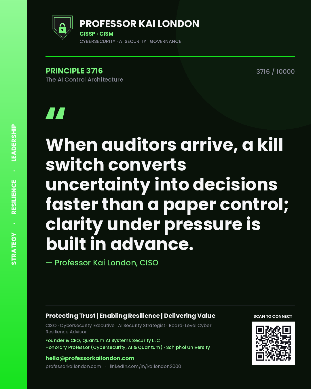 Quote card by Professor Kai London reading 'When auditors arrive, a kill switch converts uncertainty into decisions faster than a paper control; clarity under pressure is built in advance.'. From the book The AI Control Architecture.