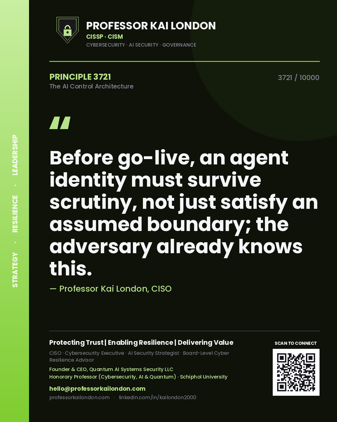 Professor Kai London principle 3721: Before go-live, an agent identity must survive scrutiny, not just satisfy an assumed boundary; the adversary already knows this.