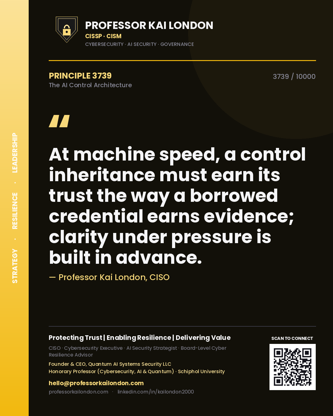 Quote card by Professor Kai London reading 'At machine speed, a control inheritance must earn its trust the way a borrowed credential earns evidence; clarity under pressure is built in advance.'. From the book The AI Control Architecture.