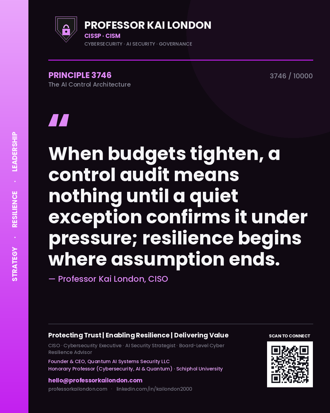 Quote card by Professor Kai London reading 'When budgets tighten, a control audit means nothing until a quiet exception confirms it under pressure; resilience begins where assumption ends.'. From the book The AI Control Architecture.