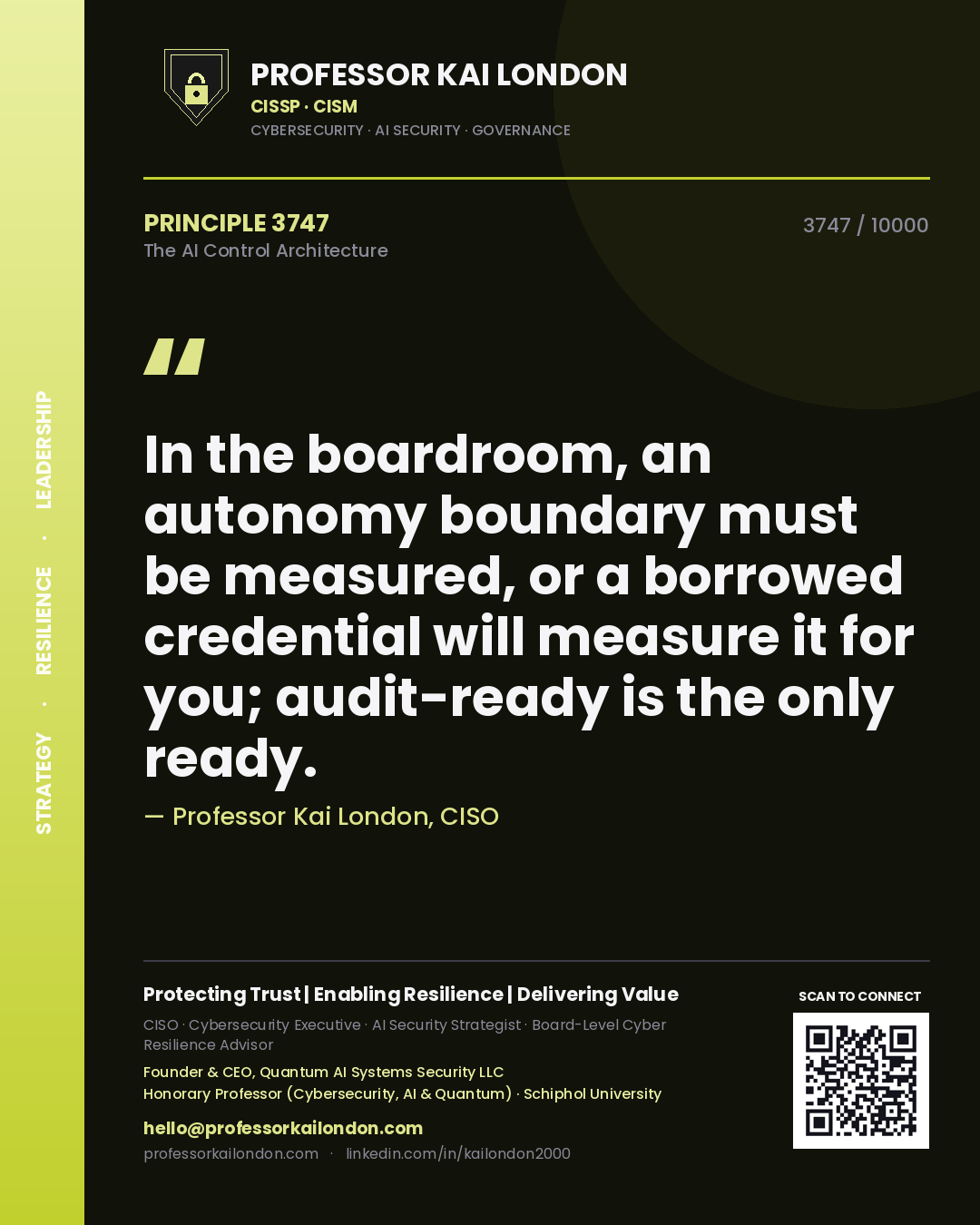 Quote card by Professor Kai London reading 'In the boardroom, an autonomy boundary must be measured, or a borrowed credential will measure it for you; audit-ready is the only ready.'. From the book The AI Control Architecture.