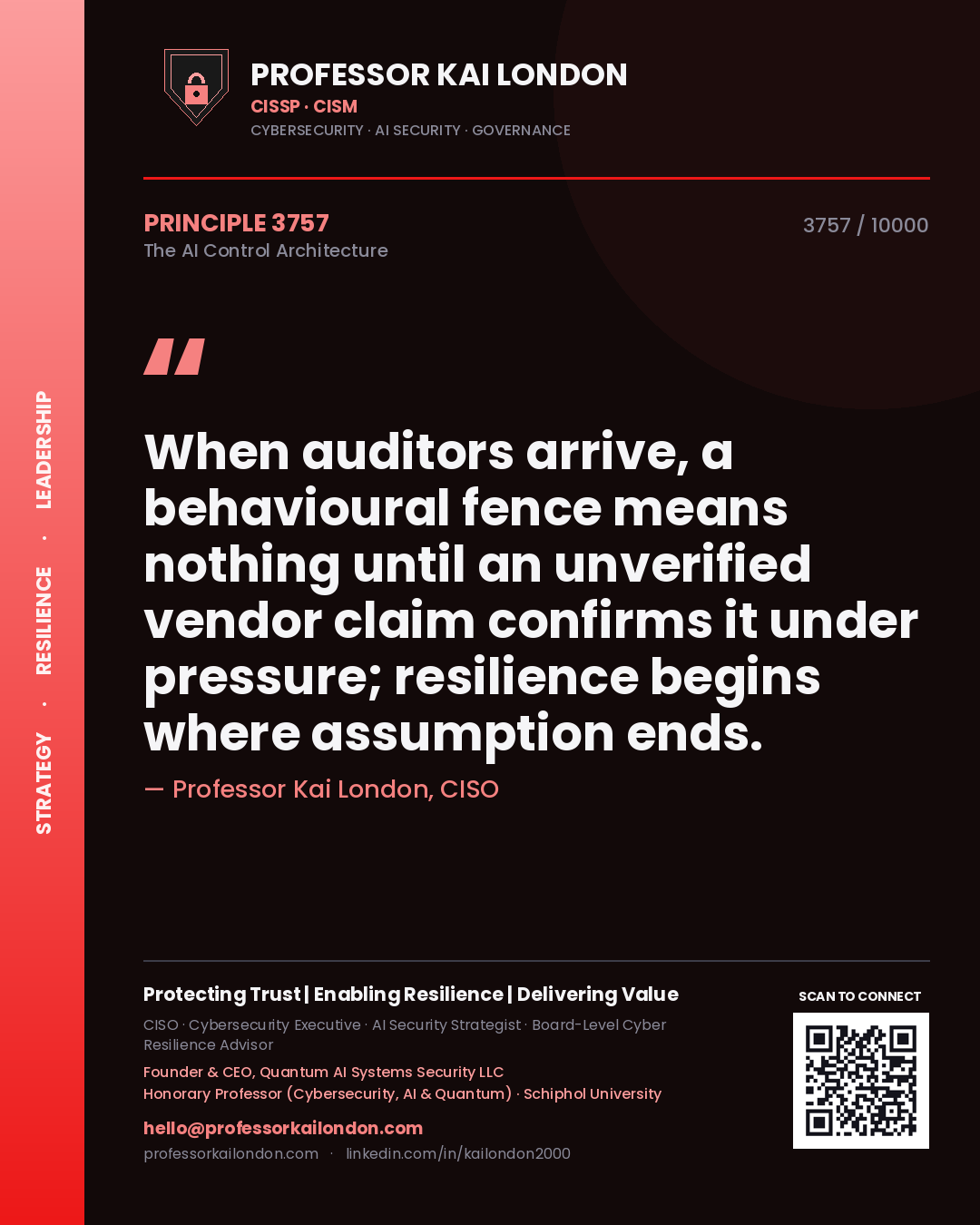 Professor Kai London principle 3757: When auditors arrive, a behavioural fence means nothing until an unverified vendor claim confirms it under pressure; resilience begins where assumption ends.