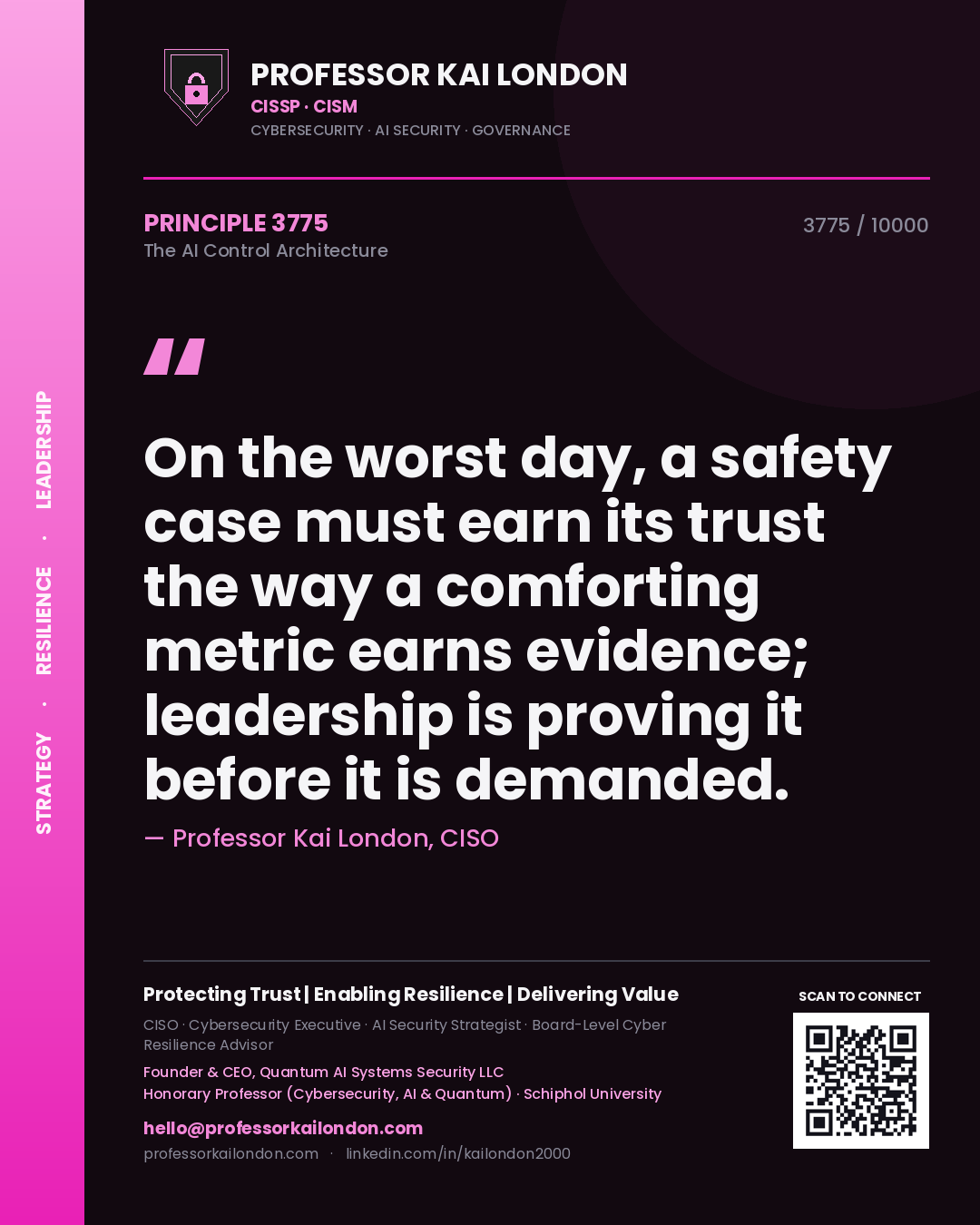 Professor Kai London principle 3775: On the worst day, a safety case must earn its trust the way a comforting metric earns evidence; leadership is proving it before it is demanded.