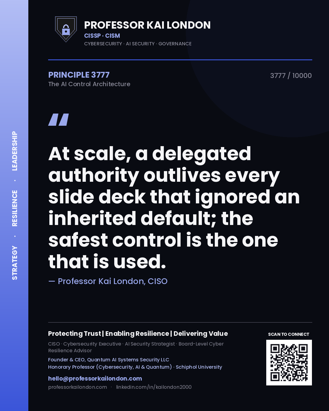 Quote card by Professor Kai London reading 'At scale, a delegated authority outlives every slide deck that ignored an inherited default; the safest control is the one that is used.'. From the book The AI Control Architecture.