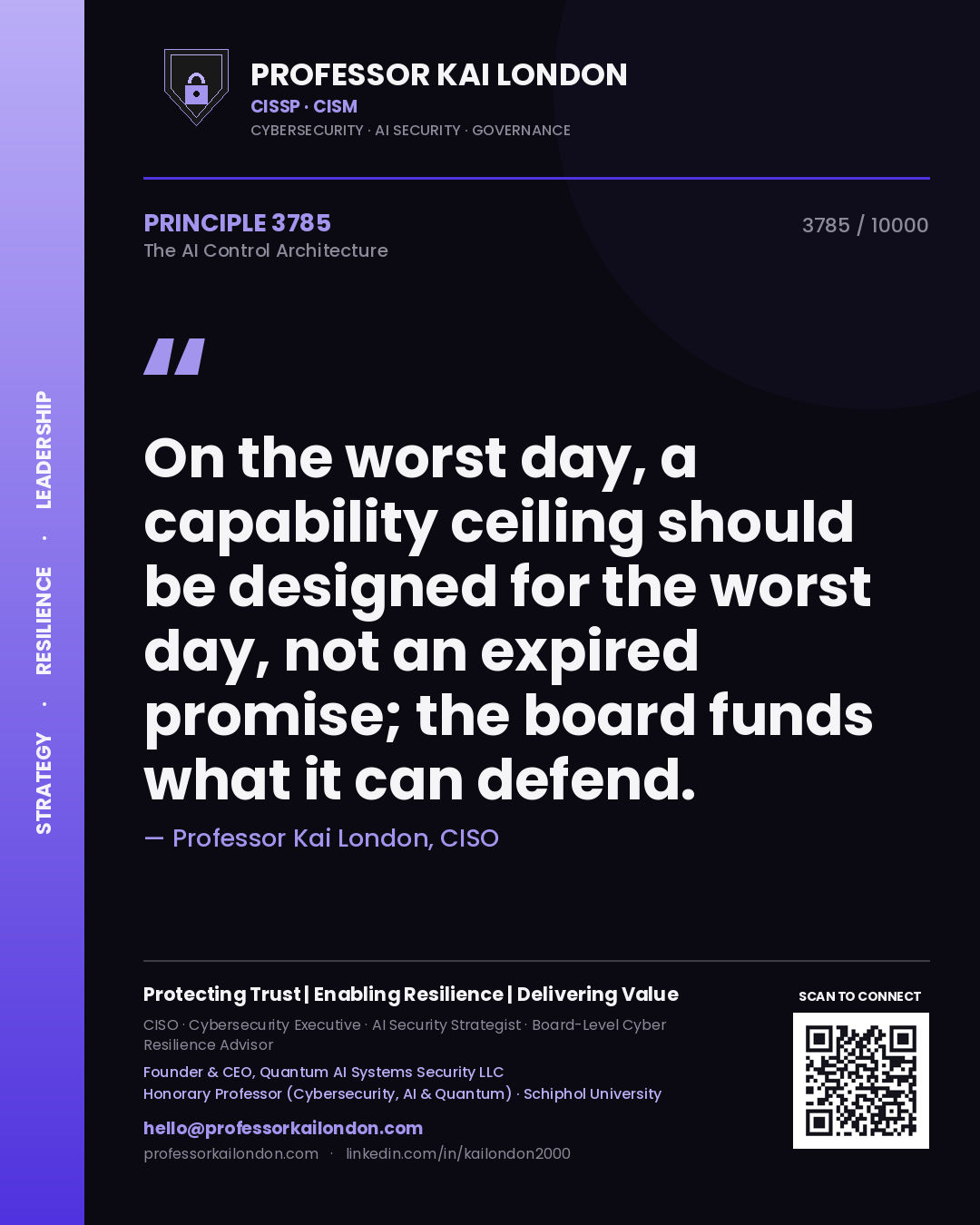 Quote card by Professor Kai London reading 'On the worst day, a capability ceiling should be designed for the worst day, not an expired promise; the board funds what it can defend.'. From the book The AI Control Architecture.