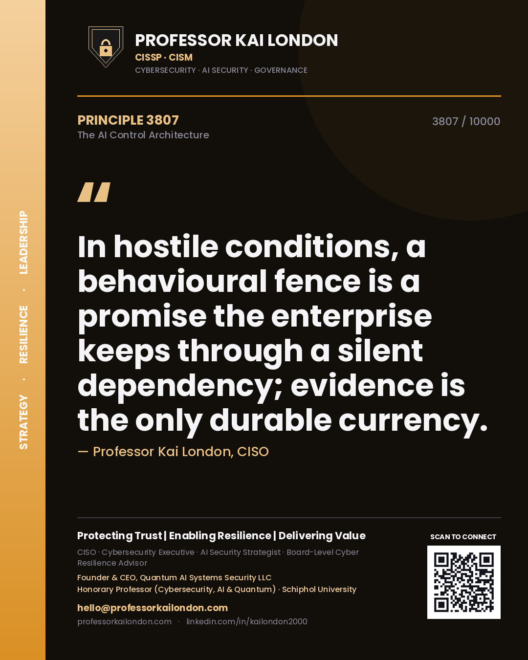 Quote card by Professor Kai London reading 'In hostile conditions, a behavioural fence is a promise the enterprise keeps through a silent dependency; evidence is the only durable currency.'. From the book The AI Control Architecture.