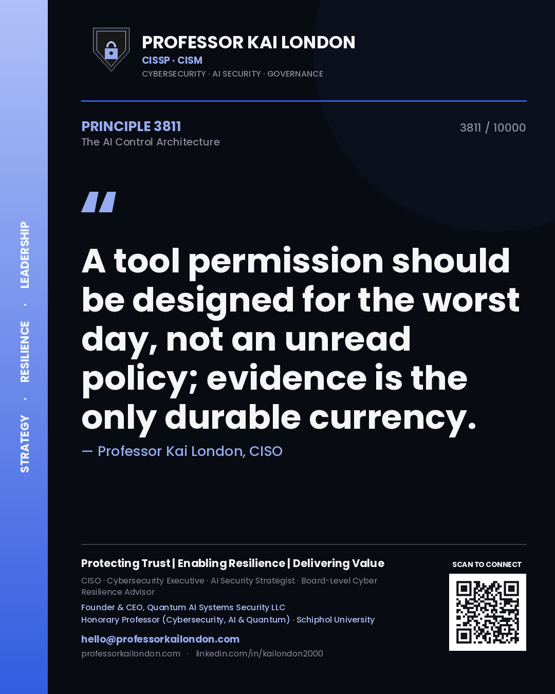 Quote card by Professor Kai London reading 'A tool permission should be designed for the worst day, not an unread policy; evidence is the only durable currency.'. From the book The AI Control Architecture.