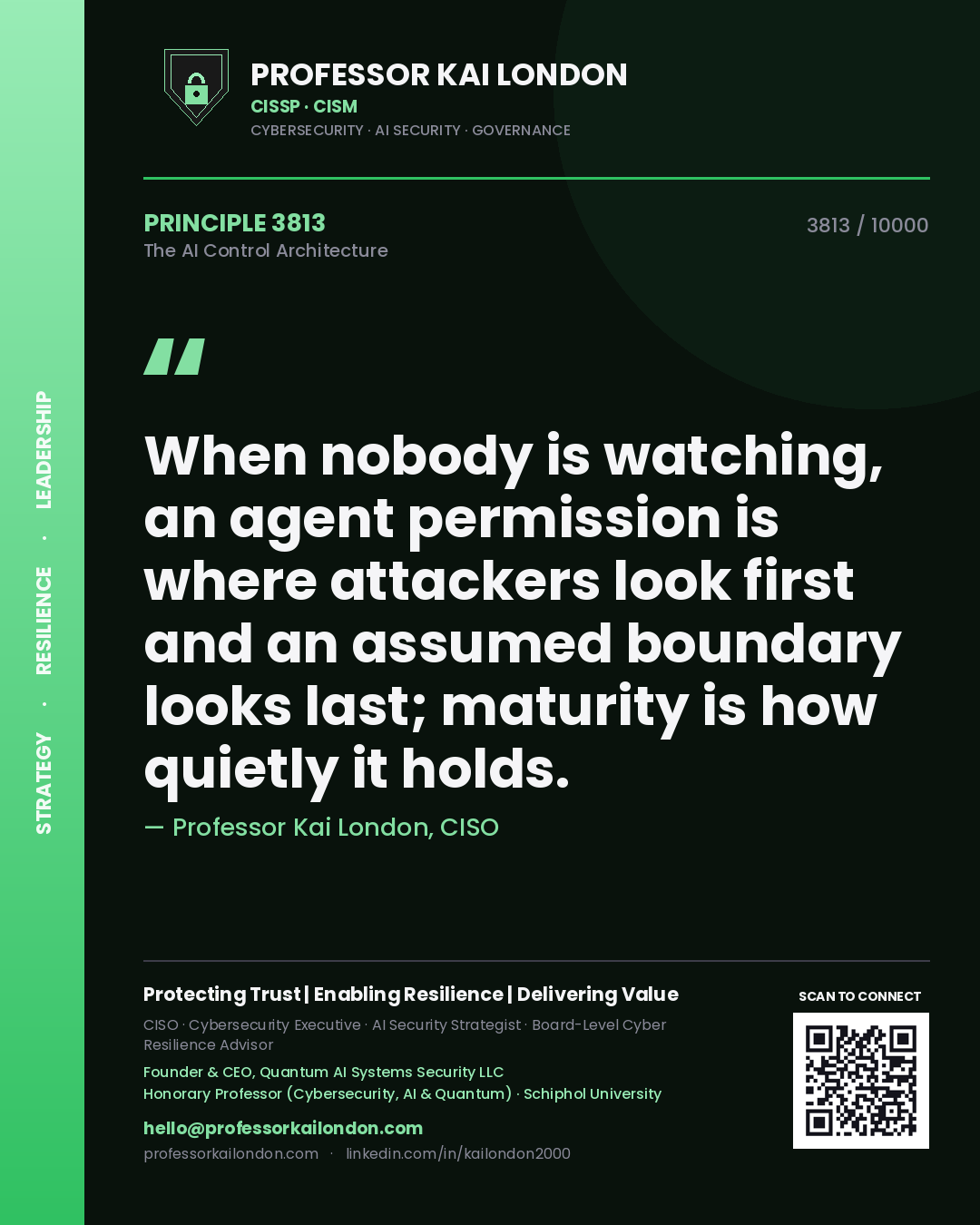 Quote card by Professor Kai London reading 'When nobody is watching, an agent permission is where attackers look first and an assumed boundary looks last; maturity is how quietly it holds.'. From the book The AI Control Architecture.