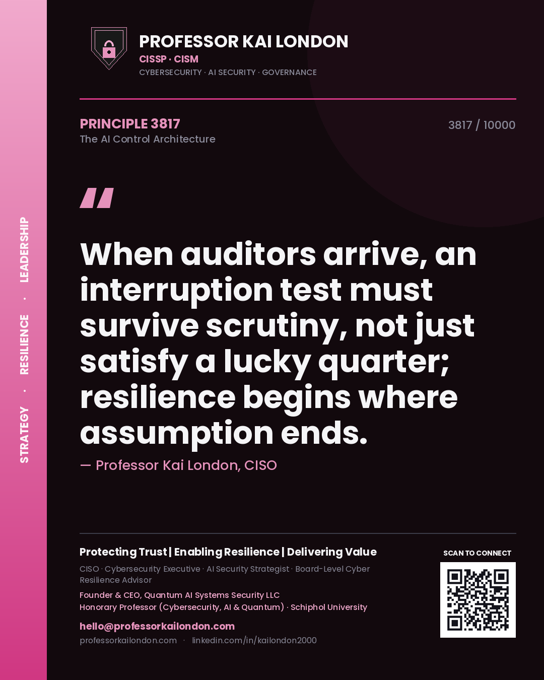 Quote card by Professor Kai London reading 'When auditors arrive, an interruption test must survive scrutiny, not just satisfy a lucky quarter; resilience begins where assumption ends.'. From the book The AI Control Architecture.